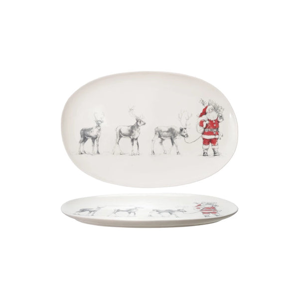 Oval Stoneware Serving Platter w/ Vintage Santa