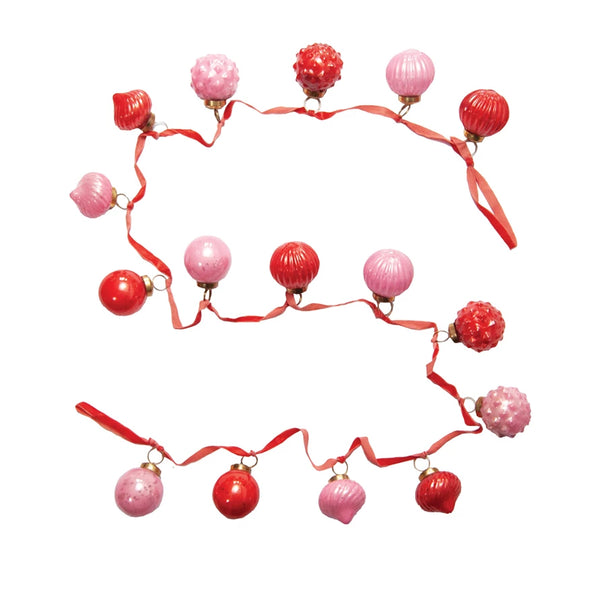 Embossed Recycled Mercury Glass Ornament Garland- Red/Pink