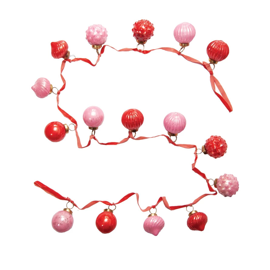 Embossed Recycled Mercury Glass Ornament Garland- Red/Pink