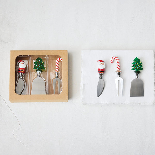Stainless Steel Cheese Knives w/ Glass Holiday Icon