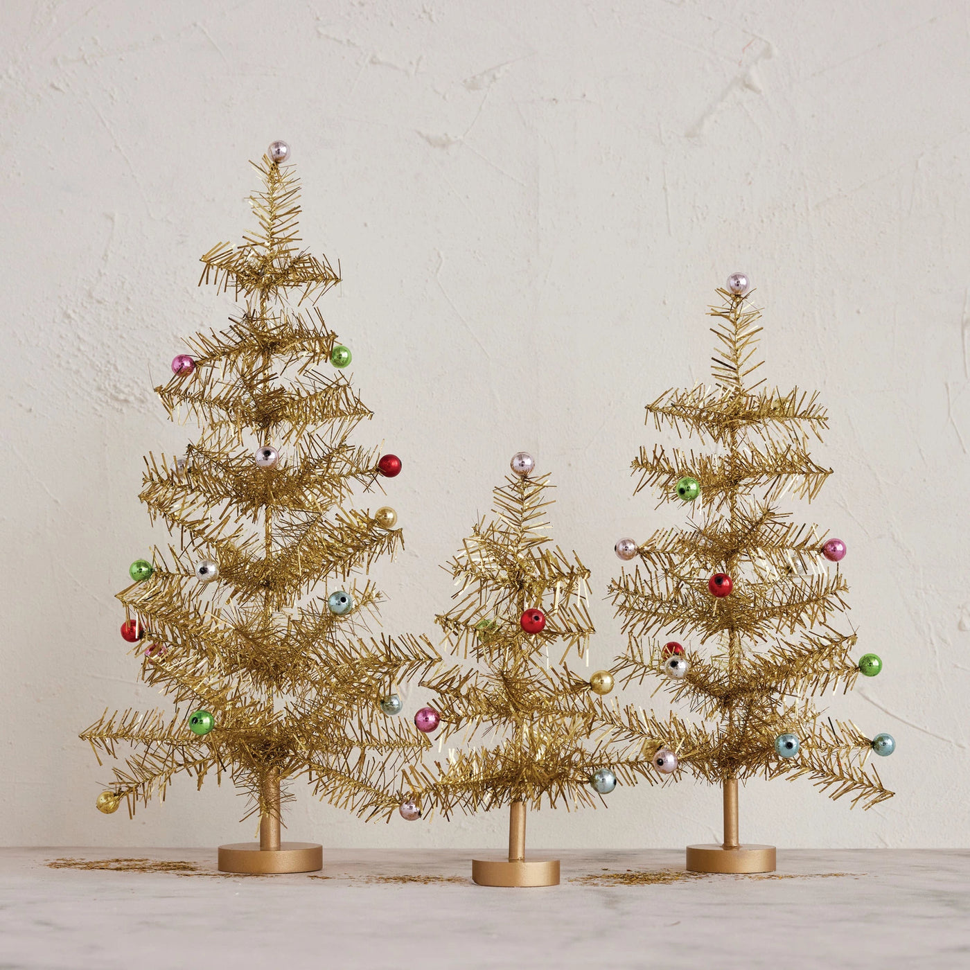 Gold Tinsel Tree w/ Multi Color Ball Ornaments