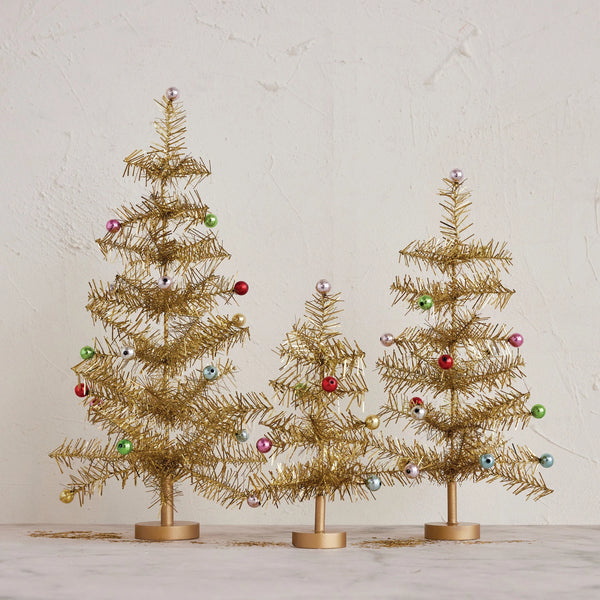 Gold Tinsel Tree w/ Multi Color Ball Ornaments