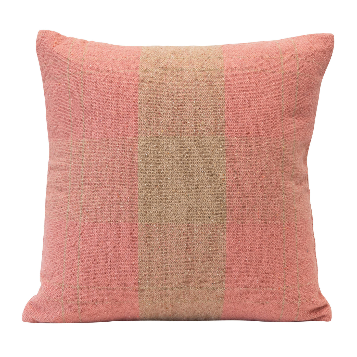 20" Square Woven Cotton Blend Plaid Pillow- Pink & Tan