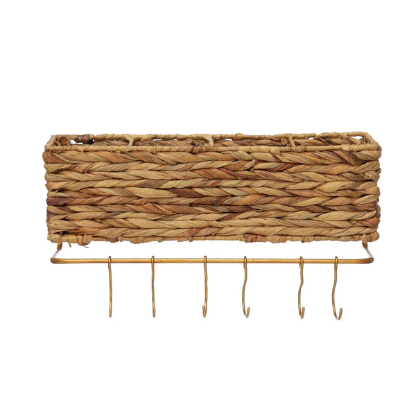 Hand-Woven Straw and Metal Wall Basket with 4 Sections and 6 Hooks