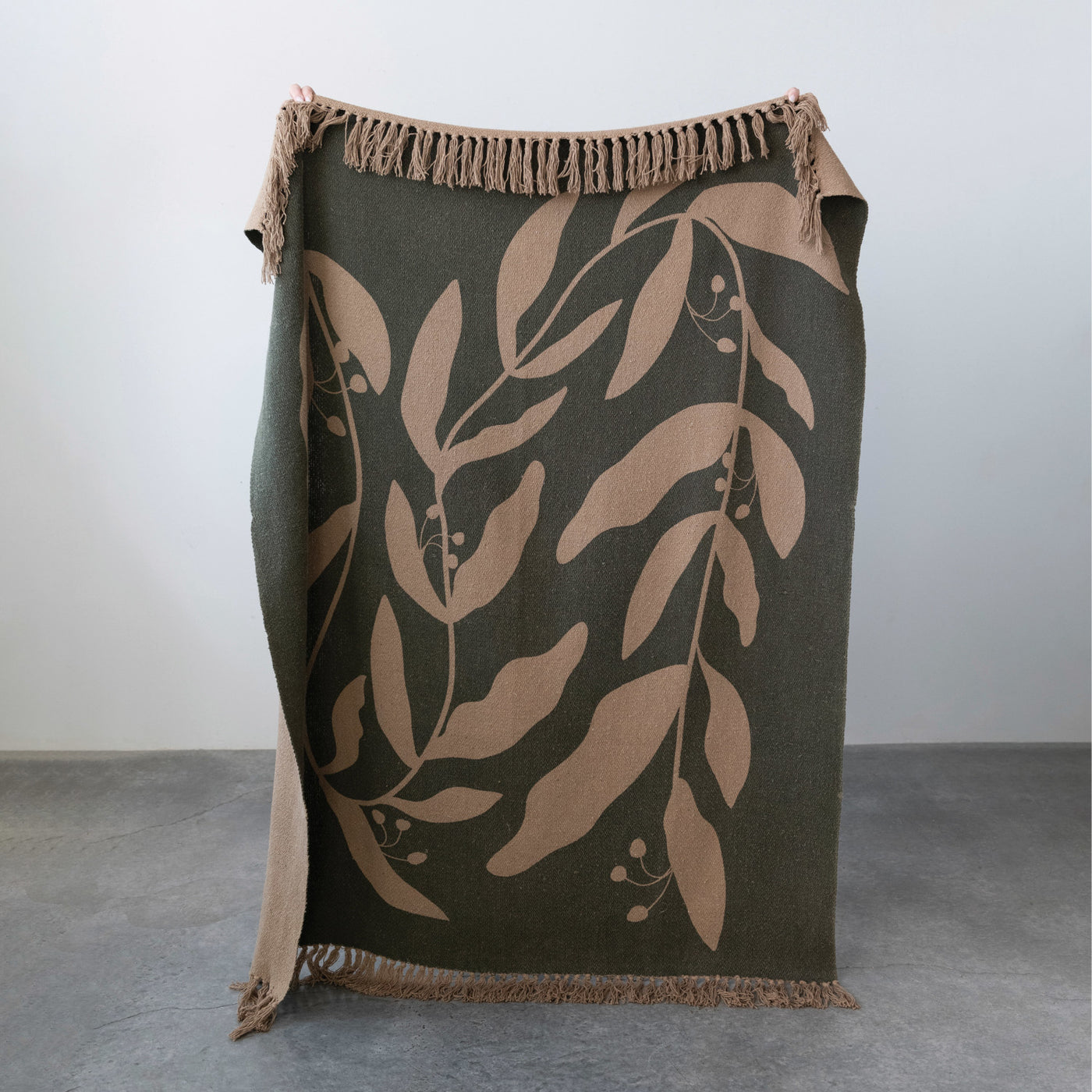 Recycled Cotton Blend Printed Throw-Olive Green