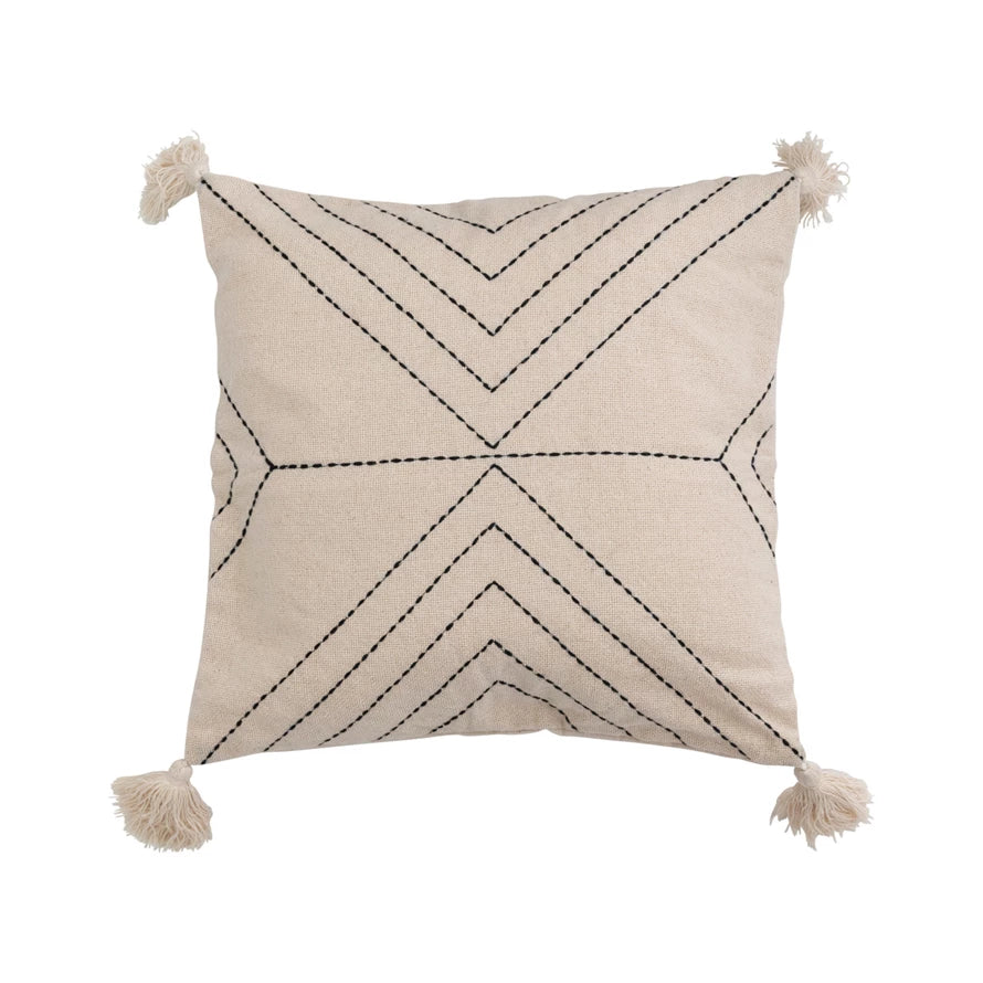 18" Cotton Blend Pillow w/ Embroidery & Tassels, Polyester Fill