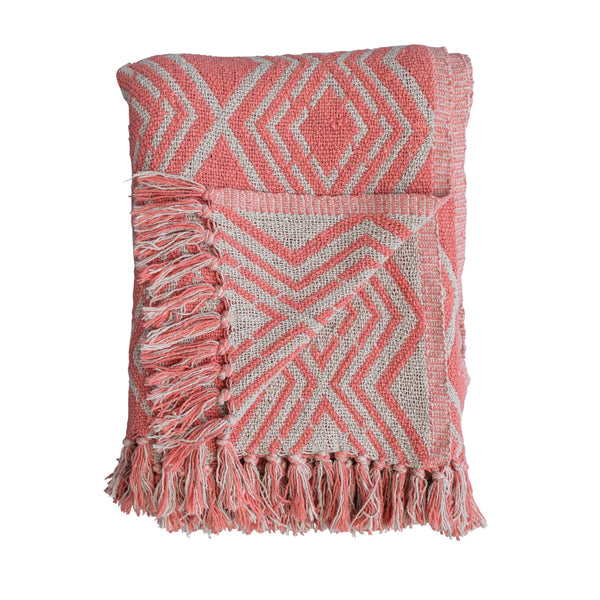 Recycled Cotton Geometric Pattern Throw- Pink/Natural