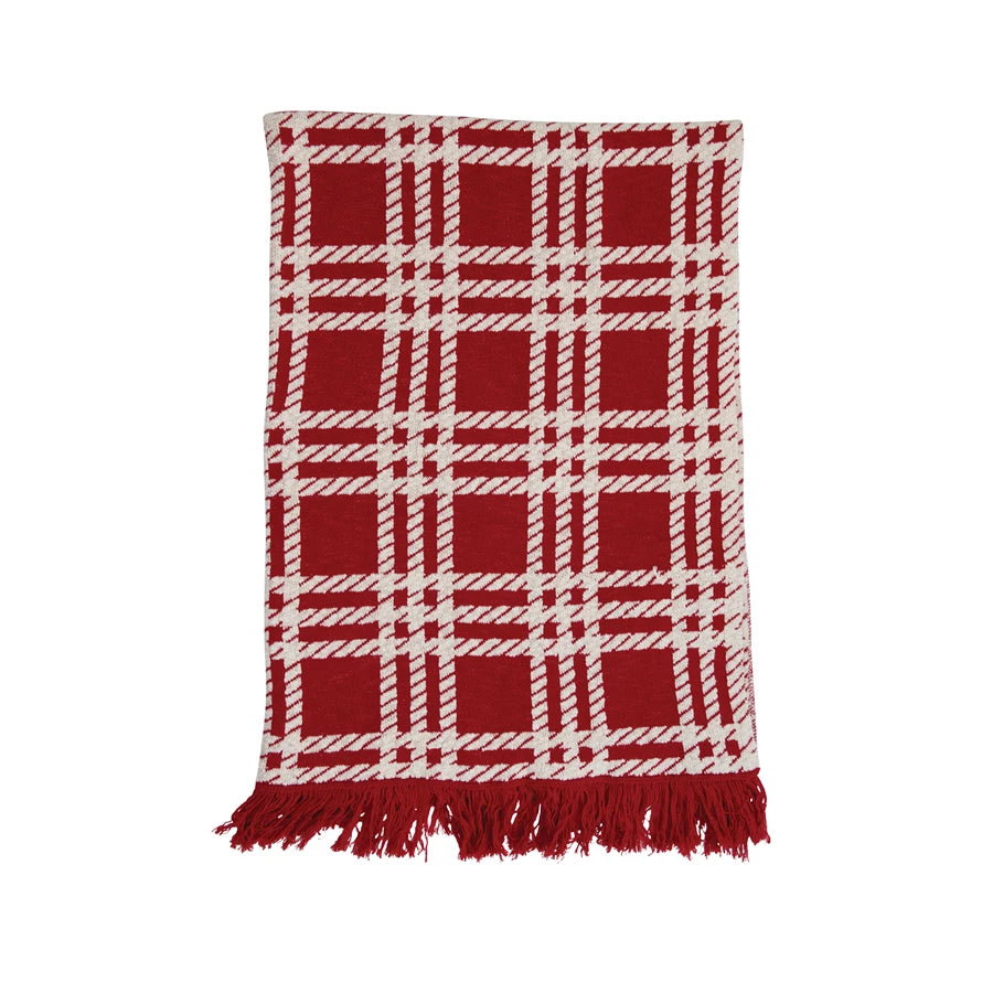 Knit Plaid Cotton Throw- Red/Cream